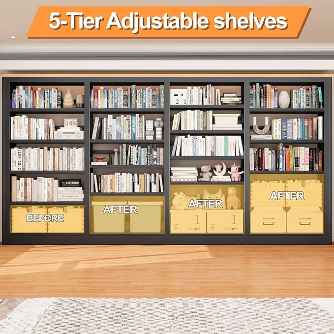5-Tier Industrial Bookshelf, White Bookcases and Bookshelves, Tall Storage Organizer, Freestanding for Living Room, Bedroom, Home Office, Metal (Black, Bookshelf-4)