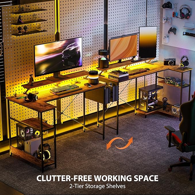 HOMCOM 58" L Shaped Gaming Desk with Power Outlets and LED Lights, Reversible Computer Desk with Monitor Stand, Fabric Storage Bag, Cable Management, for Home Office, Rustic Brown