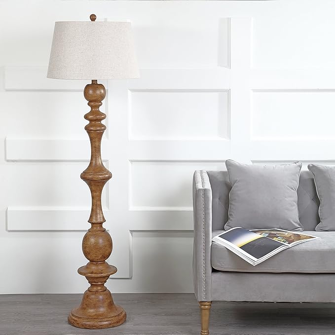 JONATHAN Y 67" Brown Spindled Resin LED Floor Lamp, Rustic Farmhouse Faux Bois Standing Lamp, Gray Linen Drum Shade for Living Room, Bedroom, LED Bulb Included, UL Listed JYL3000A