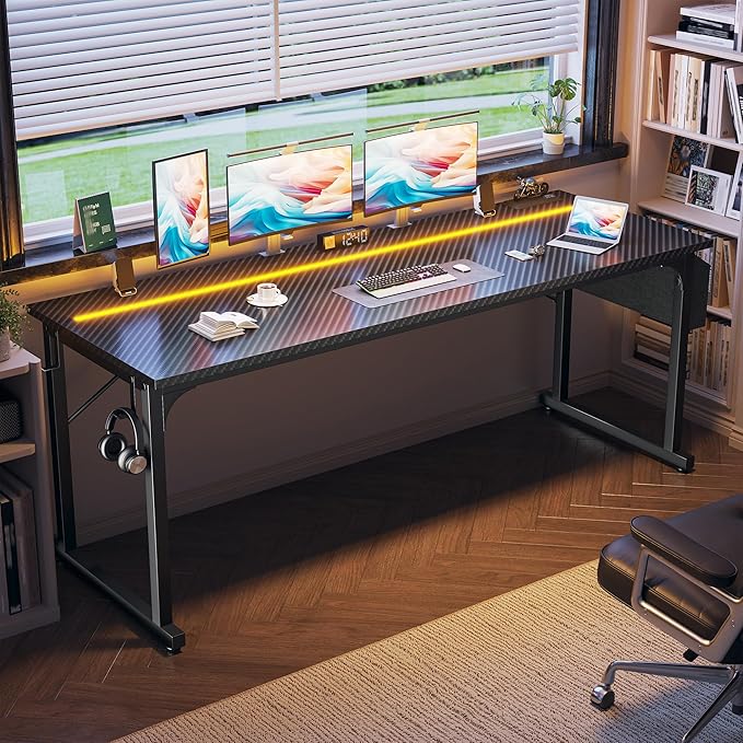 71 Inch Computer Desk with LED Lights, Office Desk for Home Office, Study Desk Writing Table with Storage Bag, Headphone Hook, Black