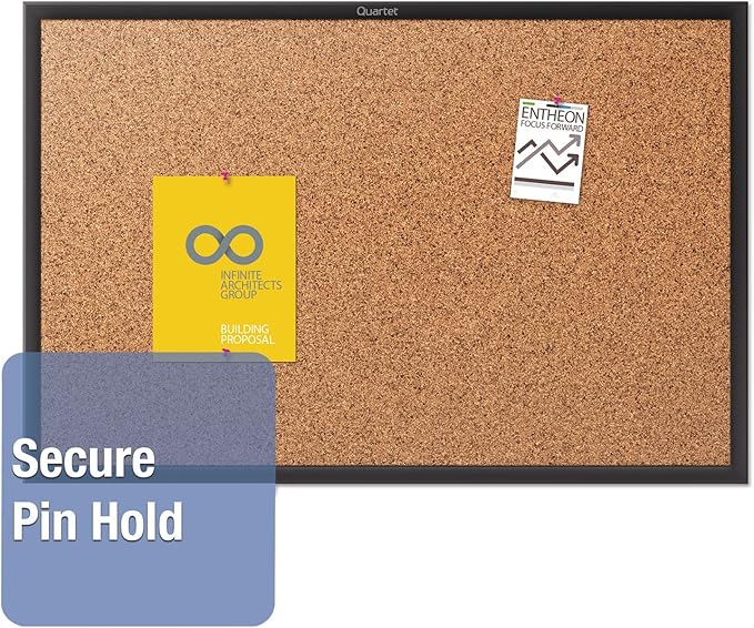 Quartet Cork Bulletin Board 24"W x 18"H Pin Board, Black Aluminum Frame (2301B)