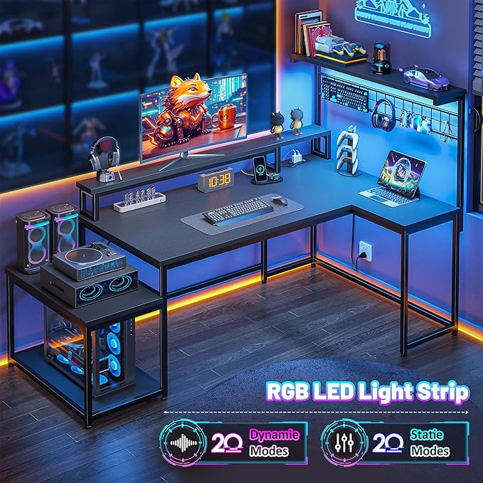 56" L Shaped Gaming Desk with LED Lights & Power Outlets, Computer Desk with Shelves & Hooks & Monitor Stand and Printer Space for Home Office, Corner Desk of Study Room, Bedroom, Black