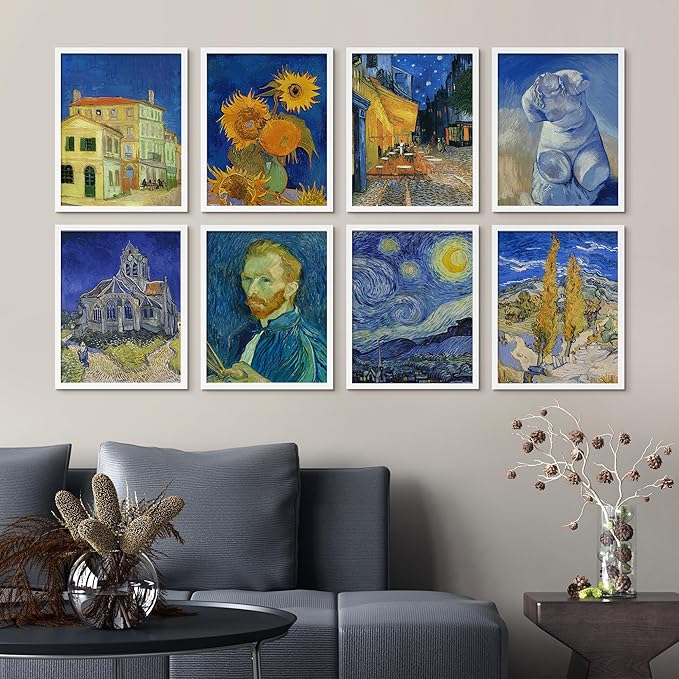 SIGNWIN Framed Poster Bathroom Decor, Wall Art Room Decor Multicolor for Living Room, Bedroom, Office Vincent Van Gogh Sunflower Starry Night Vintage Illustrations Bohemian - 8"x10"x 8 White