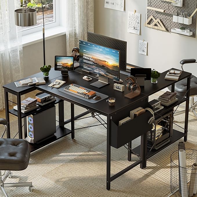 Grandder L Shaped Computer Desk with Reversible Shelves, 40 Inch Small Corner Desk with Storage Bag, Gaming Desk Computer Table Study Writing Table for Home Office Bedroom Small Space, Black