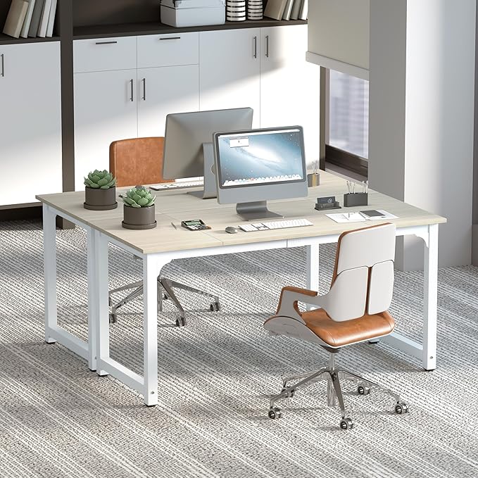 NSdirect Large Office Desk for Home Office, Large 63" Computer Desk Table, Wide Writing Study Desk for 2 Person, Metal Sturdy Frame Thicker Steel Legs, (White Oak, 63"L x 23.6"W x 29.5"H)