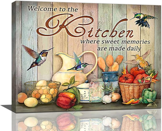 yerretin Farmhouse Kitchen Wall Art Country Pictures Wall Decor Rustic Vegetables Food Canvas Paintings Kitchen Signs Modern Artwork Home Decorations Framed 16"x12"