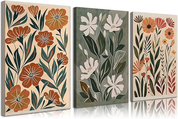 3pcs Abstract Boho Floral Canvas Wall Art Green Beige Flower Market Posters Prints Minimalist Colorful Botanical Wall Decor Pictures For Living Room Bedroom Office Home Decoration