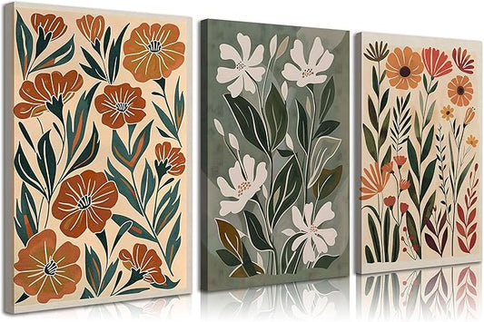 3pcs Abstract Boho Floral Canvas Wall Art Green Beige Flower Market Posters Prints Minimalist Colorful Botanical Wall Decor Pictures For Living Room Bedroom Office Home Decoration