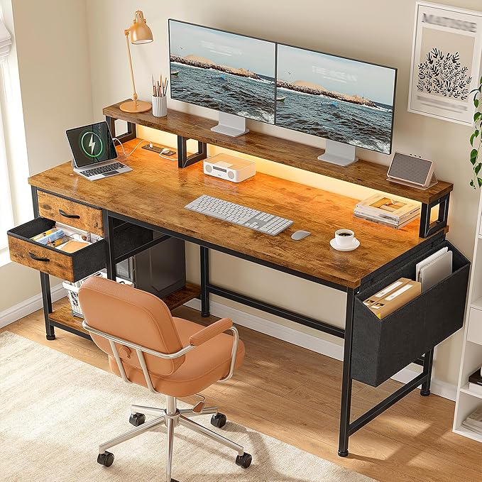 48" Computer Desk with LED Strip, Gaming Desk with Drawers & Storage Bag, Office Desk with Power Outlets & Monitor Stand, Home Office Desks for Bedroom, Gaming Room, Rustic Brown