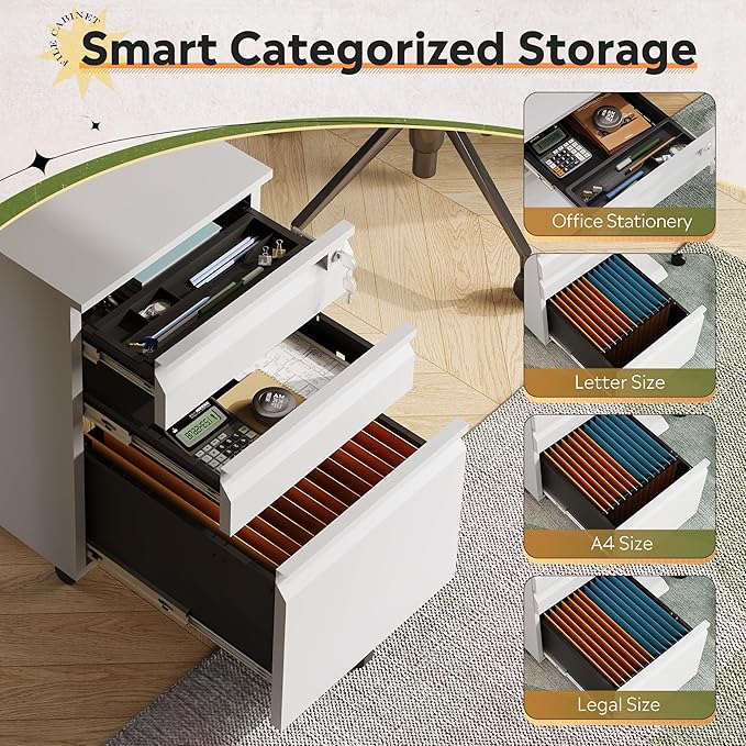 DEVAISE 3-Drawer File Cabinet with Lock & Wheels, White Metal Filing Cabinet for Home Office, Under Desk Storage, Mobile Vertical Organizer Fits Letter/A4, Requires Installation (17" D x15 W x24 H)