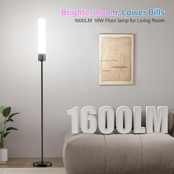 18W Dimmable Led Floor Lamp with Remote Control, 1600LM Ultra Bright Standing Tall Lamp, Modern Corner Lamps with RGB for Living Room, Bedroom, Gaming