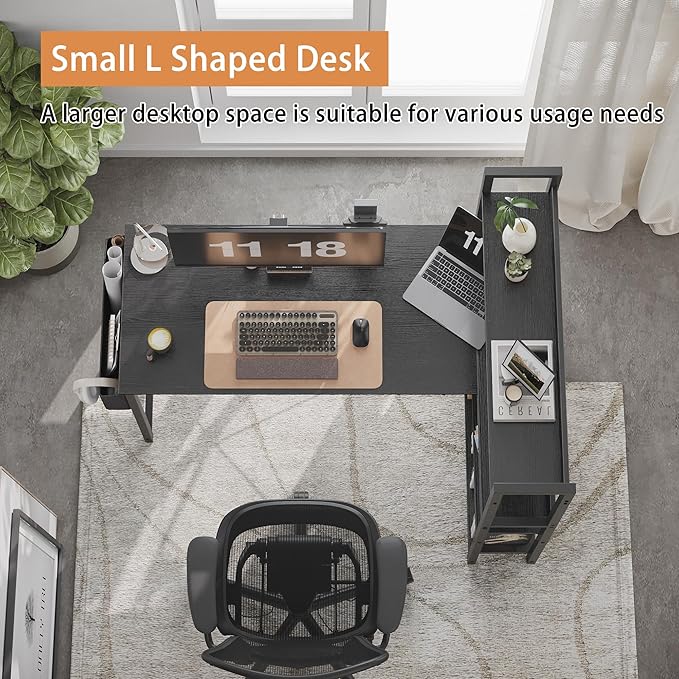 Treesland 55 Inch Small L Shaped Desk, Corner Desk with Bookshelf, Home Office Desk, Writing Study Desk for Bedroom, Black