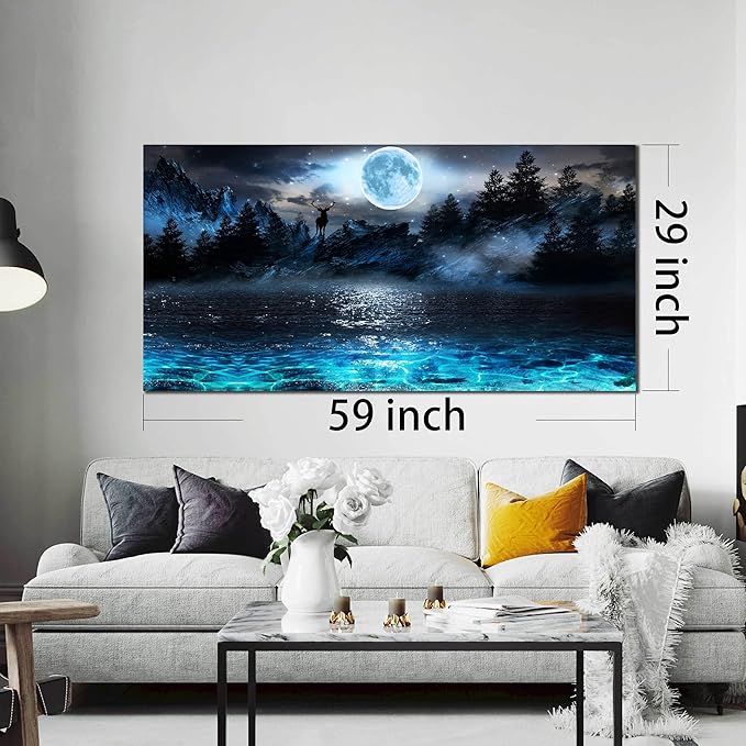 Moon Sea Ocean Wall-Art For Living Room Large Size - Blue Wall Decor For Bedroom - Forest Wall Art Ready To Hang 29" x 59"