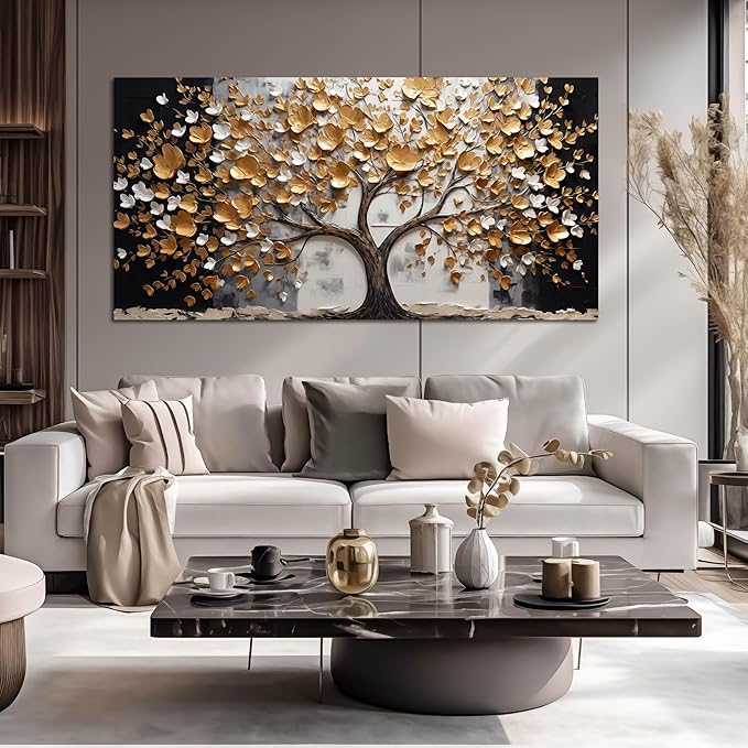SKYRISE Abstract Gold Tree Wall Art for Living Room, Golden Tree Canvas Wall-Decor for Bedroom, Modern Landscape Decorative-Picture Print Artwork for Office Home, Large Size 59x29 Inches