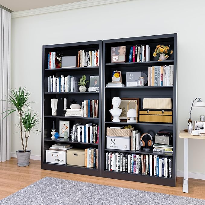 Bookshelf, Metal 5 Tier Industrial Bookshelves, 14" Deep Book Case for Book/Decor/CD/Movie, Adjustable Book Shelf, 66" Tall Modern Bookshelf for Bedroom Living Room Home Office School, Black