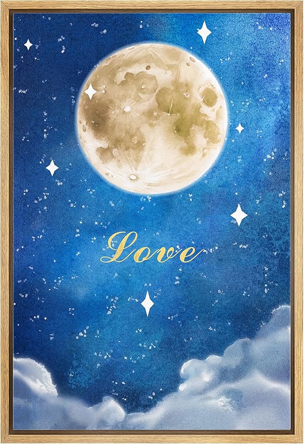 IDEA4WALL Framed Canvas Print Wall Art Love Watercolor Galaxy with Yellow Moon Astronomy & Space Sky Illustrations Modern Art Glam Colorful Ultra for Living Room, Bedroom, Office - 16"x24" NATURAL