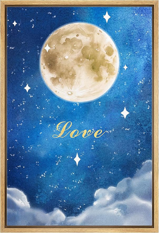 IDEA4WALL Framed Canvas Print Wall Art Love Watercolor Galaxy with Yellow Moon Astronomy & Space Sky Illustrations Modern Art Glam Colorful Ultra for Living Room, Bedroom, Office - 16"x24" NATURAL