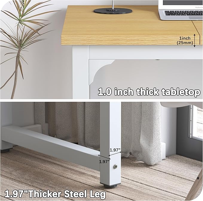NSdirect 63" Computer Desk,Large Home Office Desk Wide Workstation 1 inch Thicker Tabletop for Writing,Games and Home Work PC Desk Modern Finish Wood Board and Sturdy Steel Legs,Oak+White