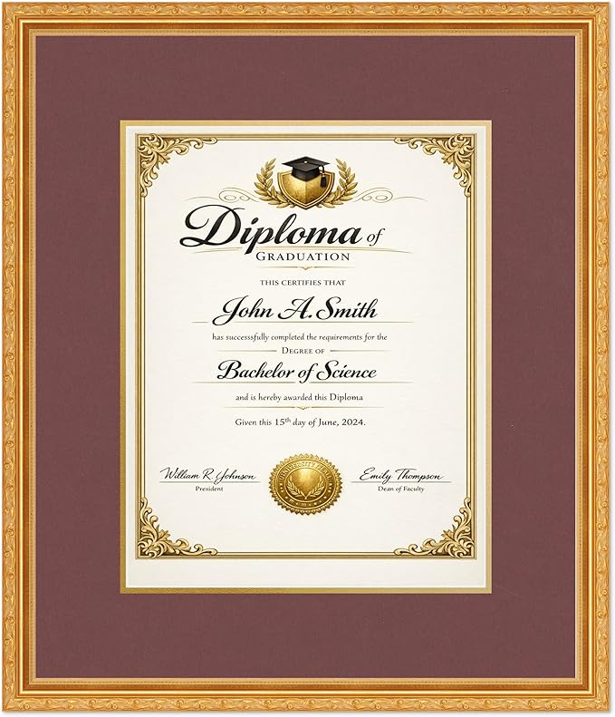 CountryArtHouse Diploma Frame Fits 11 x 14 College Diploma (Portrait) - Keepsake Graduation Display Museum Gold Genuine Hardwood with Dark Red Over Metallic Gold Double mat