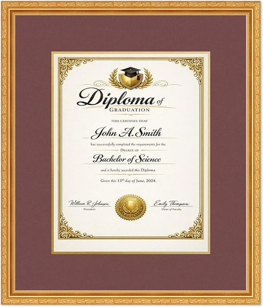 CountryArtHouse Diploma Frame Fits 11 x 14 College Diploma (Portrait) - Keepsake Graduation Display Museum Gold Genuine Hardwood with Dark Red Over Metallic Gold Double mat