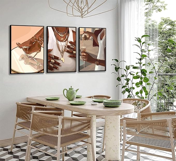 3PCS Black Woman Canvas Wall Art,Black Girl Poster Fashion Girl Abstract Pictures Prints Boho Black Female Paintings African American Woman for Nordic Minimalist Room Bedroom Wall Decor Unframed