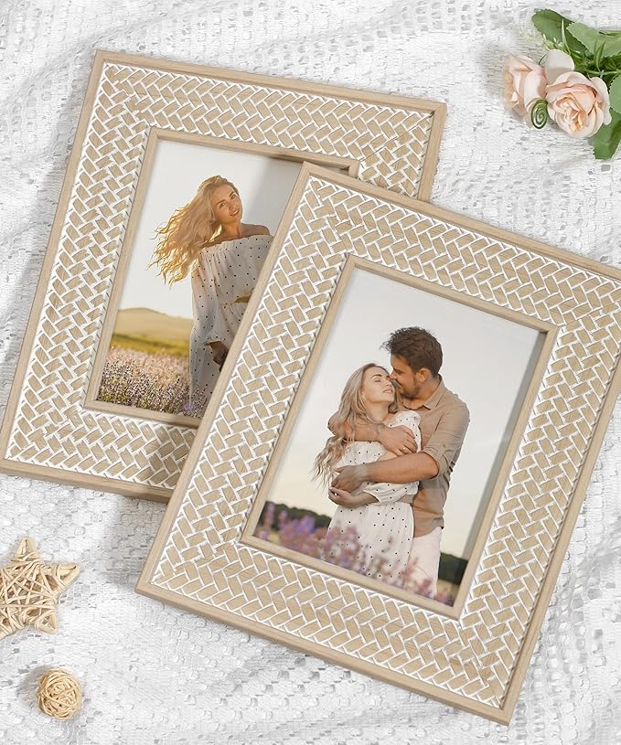 Afuly 5x7 Picture Frame Boho Picture Frames Nature Beige Bohemia Photo Frame for Office Bedroom Home Desk Wall Decor, Anniversary Wedding Gifts for Mom Grandma, Set of 2