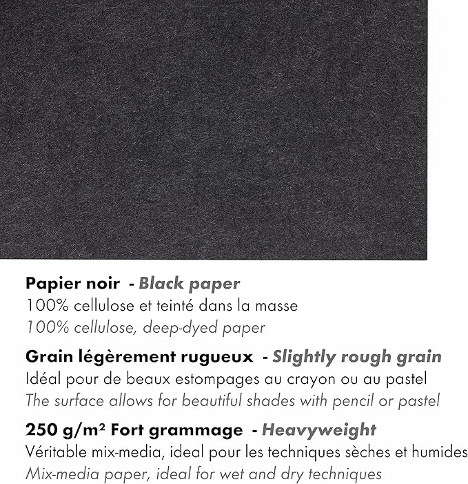 Clairefontaine - Ref 975169C - Paint'ON Multi-Technique Black Paper Pad (20 Sheets) - A4 Size, 250gsm Heavyweight Paper, Slight Rough Grain, Acid Free, pH Neutral