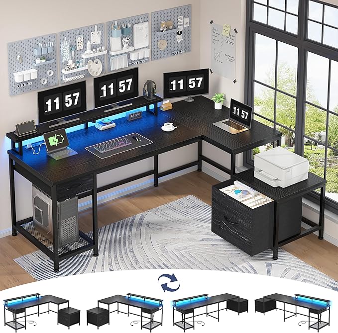 95.6'' Office Desk with LED Lights & Power Outlets, L Shaped Gaming Desk with Drawers, Two Person Computer Desks with Monitor Stand for Home Office, Study Room and Bedroom, Black