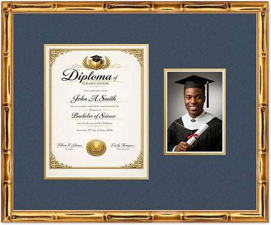 CountryArtHouse Fits 8.5 x 11 Certificate (Portrait) and 5 x 7 Photo Diploma and Photo Frame Gold Bamboo Genuine Hardwood with Navy Blue Over Metallic Gold Double mat