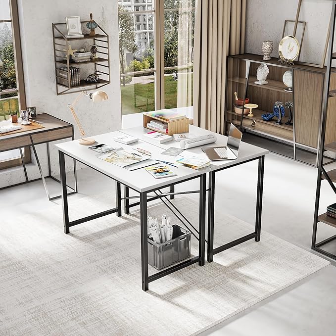 DUMOS 47 Inch Computer Desk for Home Office, Modern Study Work Table Simple Style for Bedroom, Writing Desks with X-Shaped Reinforcement, Wood White