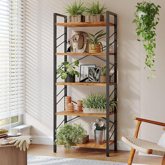 Book Shelf, Industrial 5 Tier Tall Bookshelf, Modern Display Storage Shelves with Metal Frame and Sidebars, Bookcase for Bedroom, Living Room and Home Office, Rustic Brown