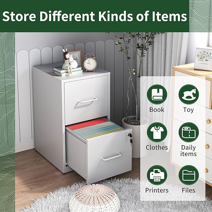 2 Drawer File Cabinet with Lock, Vertical File Cabinet with Lock, Locking File Cabinet Hanging Files for A4/ Legal/Letter, Assembly Required, White