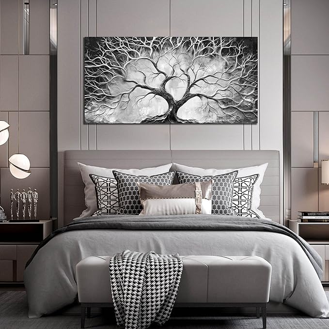 Tree Wall Art for Living Room - Black and White Canvas Wall Art for Office - Home Office Decor Wall Size 29" x 59"