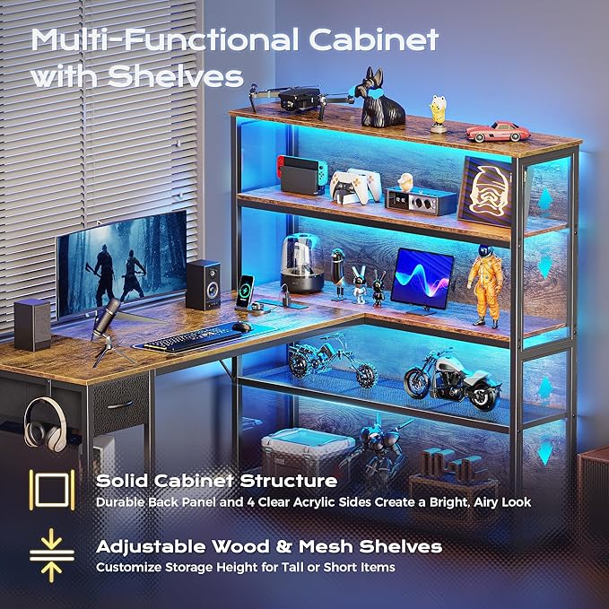 PRAISUN 57 Inch L Shaped Gaming Computer Desk with Larger Open Cabinet, Reverisble Office Desk with Power Outlets, LED Lights, Work Desk, Fabric Drawer, Adjustable Wood and Mesh Shelf, Rustic Brown