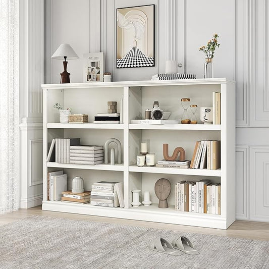 Double Wide Open Shelf Bookcase - 3 Tiers 6 Storage Cube Adjustable Space Book Case, Display Cabinet Organizer with Bookshelf, 64.8 inch Width Indoor Furniture for Home Library Office, White
