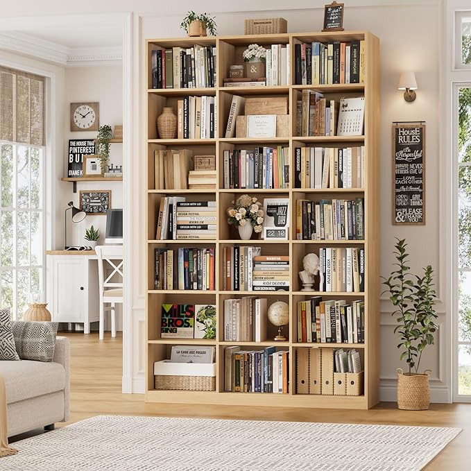 HOSTACK 86" H Triple Wide Bookshelf and Bookcase, 7 Tier Tall Bookshelf with Storage, Large Bookcase with 21 Open Display Storage Shelves, Book Shelf Media CD DVD Storage for Living Room, Light Wood