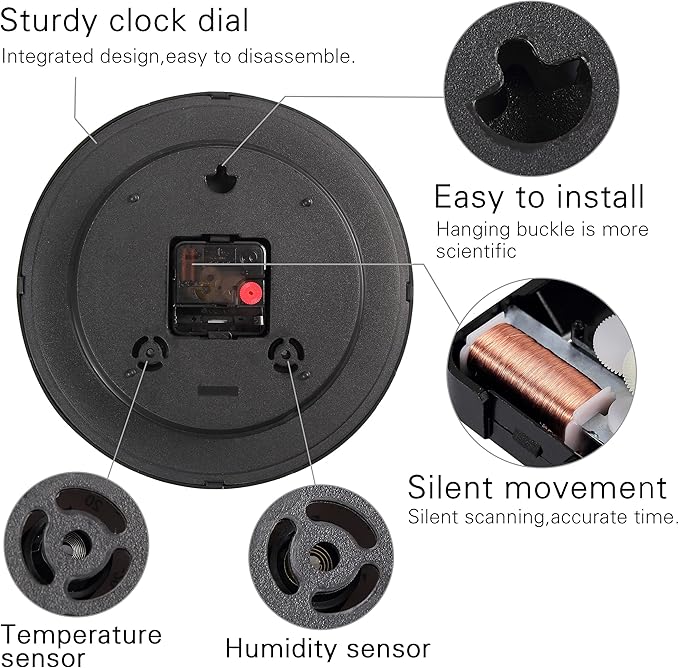 Wall Clock, Sweep Silent Movement Accurate Clocks with Temperature & Humidity, Decorative for Kitchen/Living Room/Bedroom/Office/School/Classroom (Black, 10 inch)