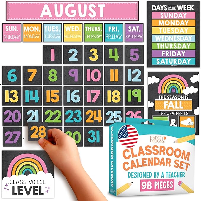 Hadley Designs Classroom Calendar Set Bulletin Board Decorations - Chalkboard School Calendar for Classroom Decor, Kindergarten Preschool Elementary Teacher Must Haves, Homeschool & Daycare Essentials