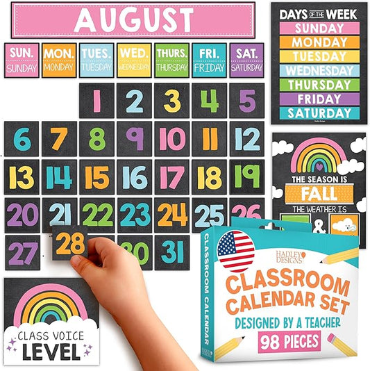 Hadley Designs Classroom Calendar Set Bulletin Board Decorations - Chalkboard School Calendar for Classroom Decor, Kindergarten Preschool Elementary Teacher Must Haves, Homeschool & Daycare Essentials