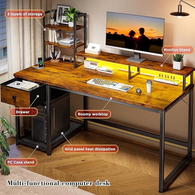 EnHomee 44 Inch Computer Desk with Hutch and Drawers,Reversible Home Office Desk with Monitor Shelf,Small Gaming Desks with USB Power Outlets,Writing Table for Office with LED Lights,Rustic Brown