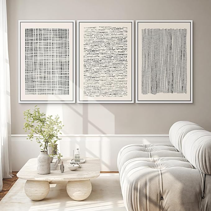 SIGNWIN Framed Canvas Print Wall Art Set Geometric Dark Black Grid Wave Pattern Abstract Shapes Cozy Neutral Modern Art Decorative Contemporary for Living Room, Bedroom, Office - 24"x36"x3 White