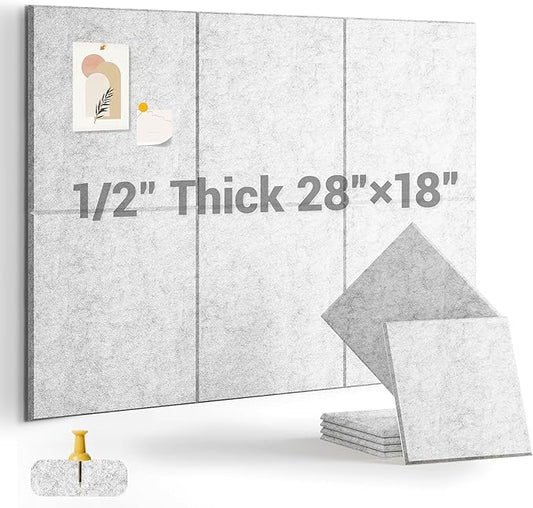 1/2" Thick Cork Board for Office, 6 Pack Felt Wall Tiles -28"x18" with Safe Adhesive Tabs, Large Bulletin Board, Push Pin Board Organizer Wall - Gray Marble