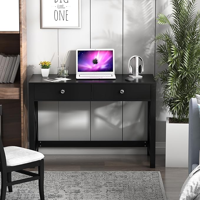 WiberWi Home Office Desk with Drawers, Black Modern Writing Computer Desk, Small Makeup Vanity Table for Bedroom, Study Table for Home Office