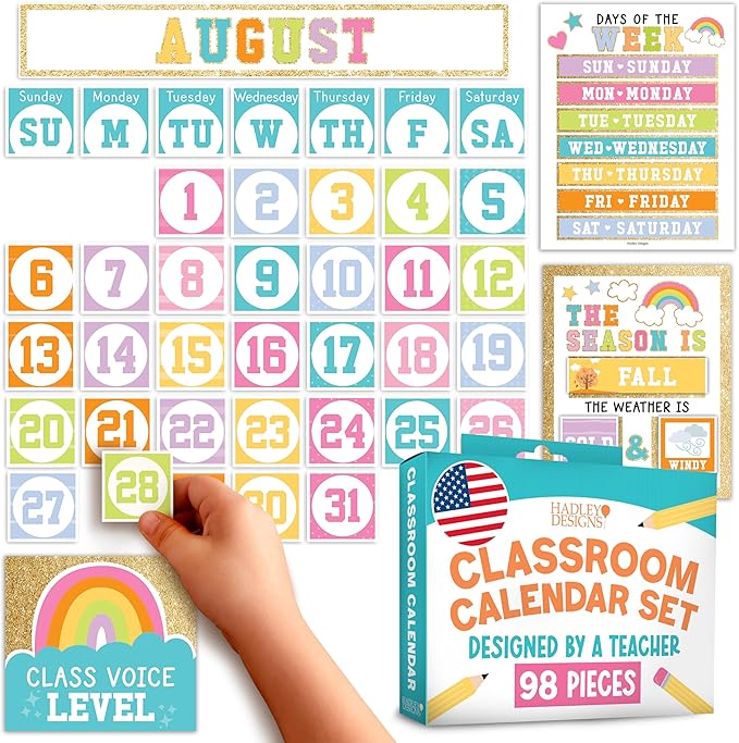 Hadley Designs Classroom Calendar Set Bulletin Board Decorations - Colorful School Calendar for Classroom Decor, Kindergarten Preschool Elementary Teacher Must Haves, Homeschool & Daycare Essentials