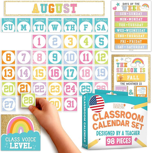 Hadley Designs Classroom Calendar Set Bulletin Board Decorations - Colorful School Calendar for Classroom Decor, Kindergarten Preschool Elementary Teacher Must Haves, Homeschool & Daycare Essentials