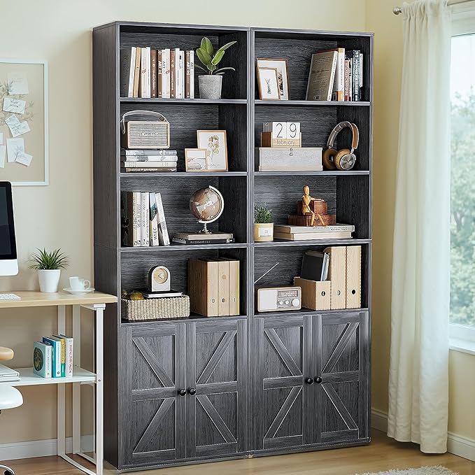 YESHOMY 71.5" Tall Bookshelf and Bookcase, Industrial Bookshelves and Bookcases with Doors, 4-Tier Floor Standing Tall Display Storage Cabinet with Doors for Home Office, Living Room, Gray, 2 PCS
