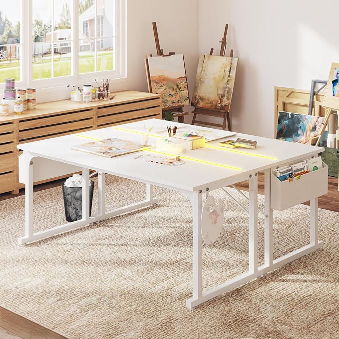63 Inch Computer Desk with LED Lights, Office Desk for Home Office, Study Desk Writing Table with Storage Bag, Headphone Hook, White