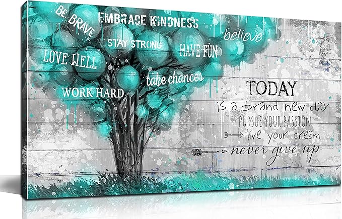 Teal Wall-Decor For Office - Inspirational Quotes Tree Wall Art - Large Canvas Wall Art Teal Decor For Living Room Ready To Hang Size 20" x 40"