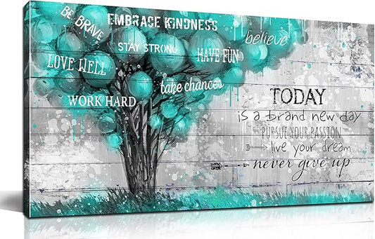 Teal Wall-Decor For Office - Inspirational Quotes Tree Wall Art - Large Canvas Wall Art Teal Decor For Living Room Ready To Hang Size 20" x 40"