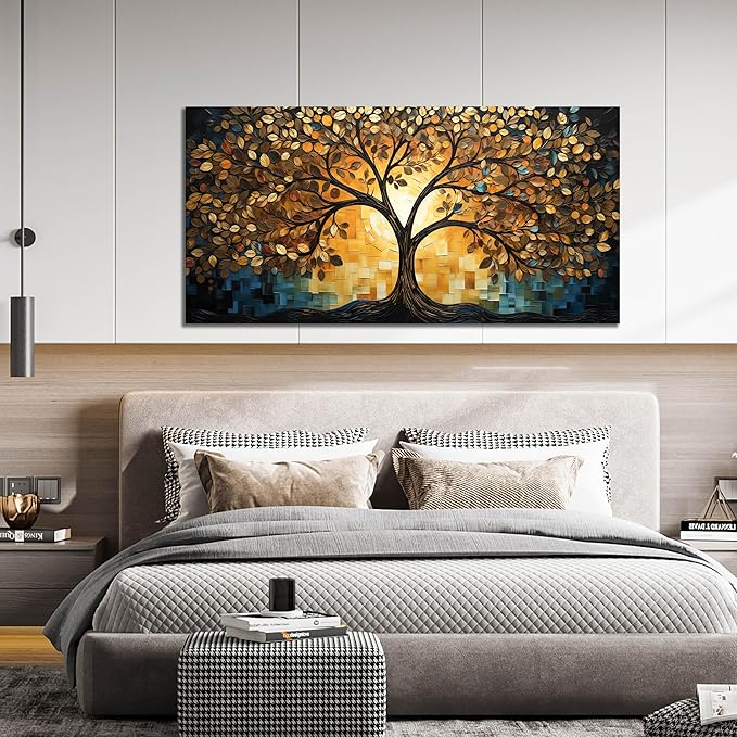 SKYRISE Abstract Tree Canvas Wall Art, Modern Colorful Decorative-Pictures with Gold Yellow and Blue Leaves Printed Painting Artwork Wall-Decor for Living Room Bedroom Office, Large Size 59x29 Inches